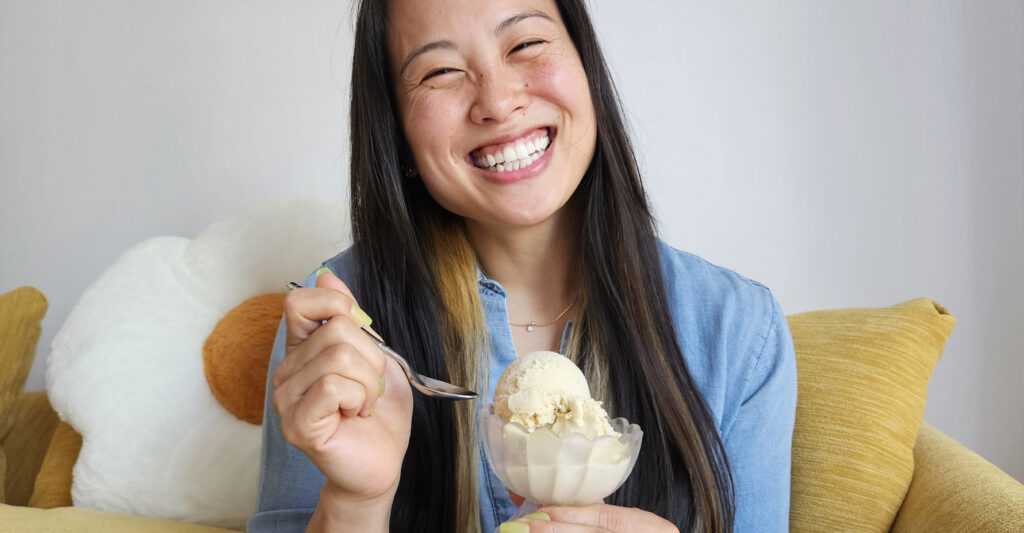 Sunny Choi smiles with a bowl of custard freeze