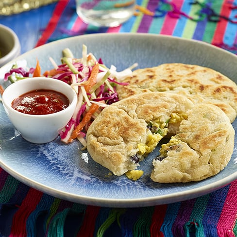PUPUSA WITH SCRAMBLED EGGS AND BLACK BEANS (EL SALVADOR)