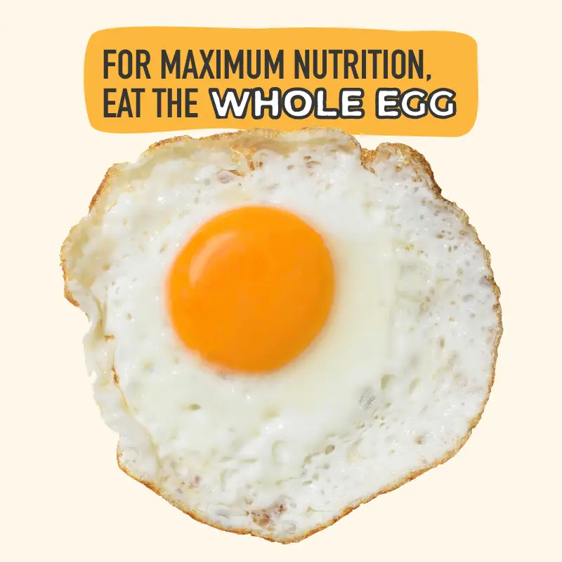Image of fried egg with text “for maximum nutrition, eat the whole egg”
